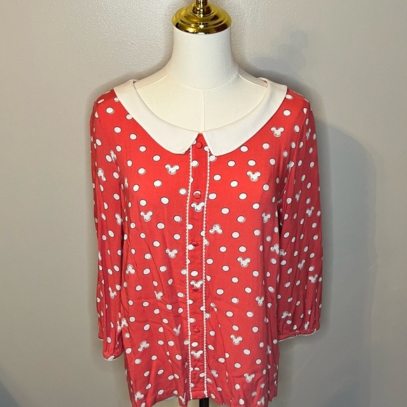 Disney Lauren Conrad Ladies Blouse Size M Minnie Mouse Heads Coral White Collar - Picture 1 of 9